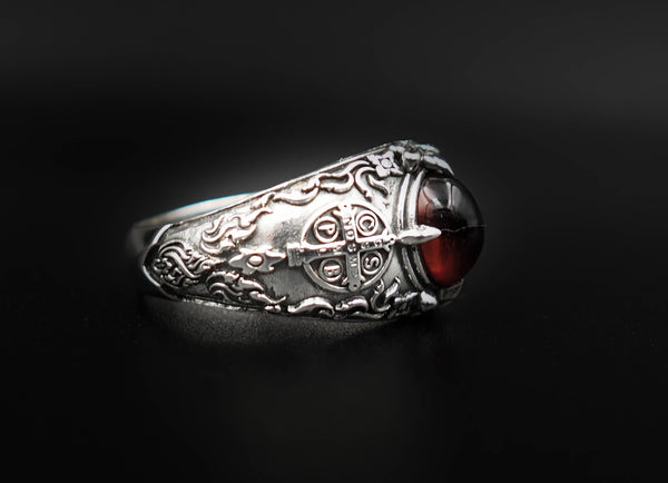 Garnet Men St Benedict Exorcism Demon Protection Ghost Hunter Ring 925 Sterling Silver Jewelry Size 6-15