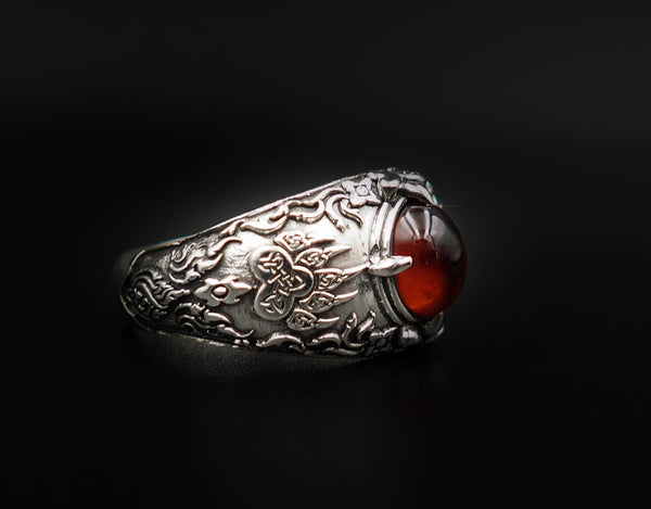 Garnet Viking Wolf Bear Paw Ring Onyx Viking Rings 925 Sterling Silver Jewelry Size 6-15