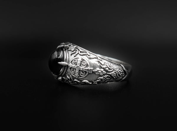Onyx Men's St Benedict Exorcism Ring Cross Demon Protection Ring 925 Sterling Silver Size 6-15