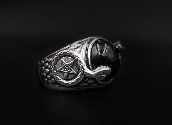 Onyx Church of Satan Sigil of Baphomet Ring, Onyx Snake Ring 925 Sterling Silver Size 6-15