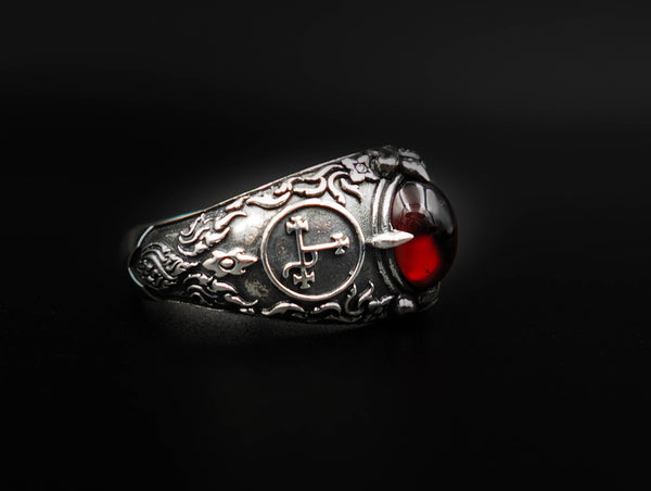 Garnet Seal Sigil of Lilith Sigil of Lucifer Ring 925 Sterling Silver Jewelry Size 6-15
