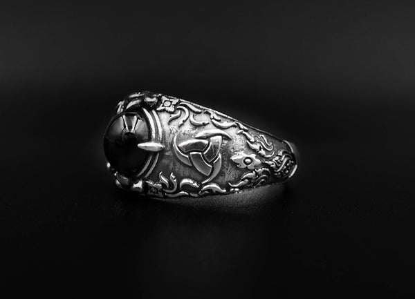 Onyx Odin's Horn Ring, Triple Horn of Odin Ring, Viking Ring, Scandinavian Ring, Black Onyx Unisex Ring 925 Sterling Silver Size 6-15