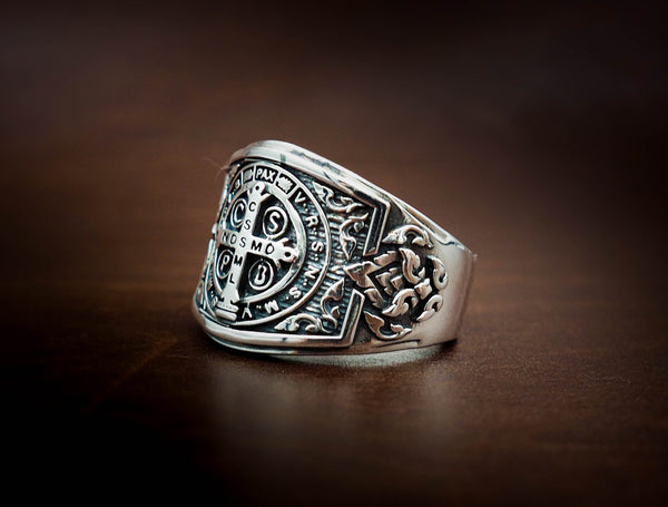 Men's St Benedict Exorcism Ring Cross Gift for Him 925 Sterling Silver Size 6-15