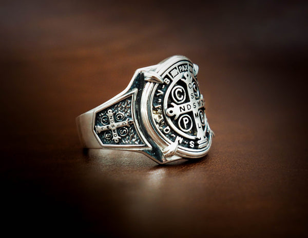 925 Sterling Silver St Benedict Exorcism Ring Demon Protection Size 6-15