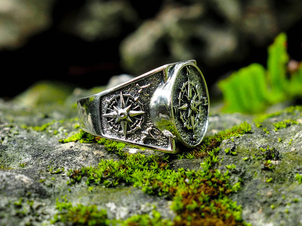 925 Sterling Silver Compass Ring Men Punk Jewelry Biker Band Ring Size 6-15