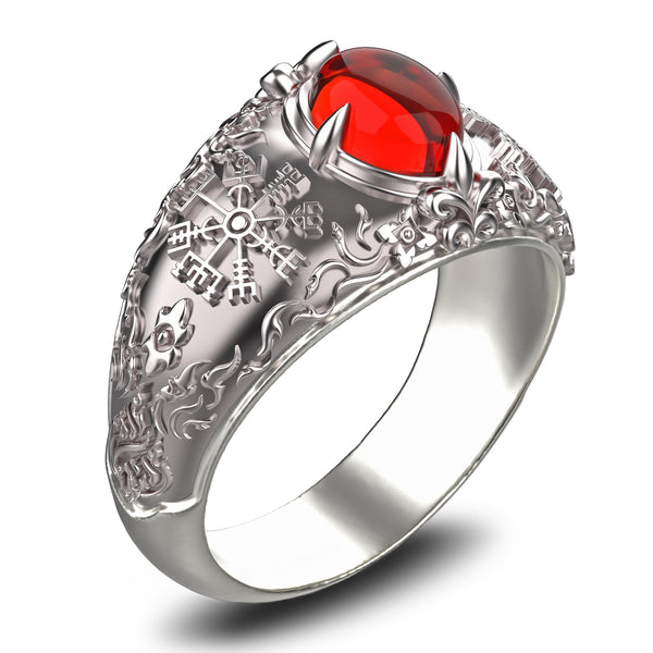 Garnet Vegvisir Ring, Viking Vegvisir Compass Norse Ring 925 Sterling Silver Jewelry Size 6-15