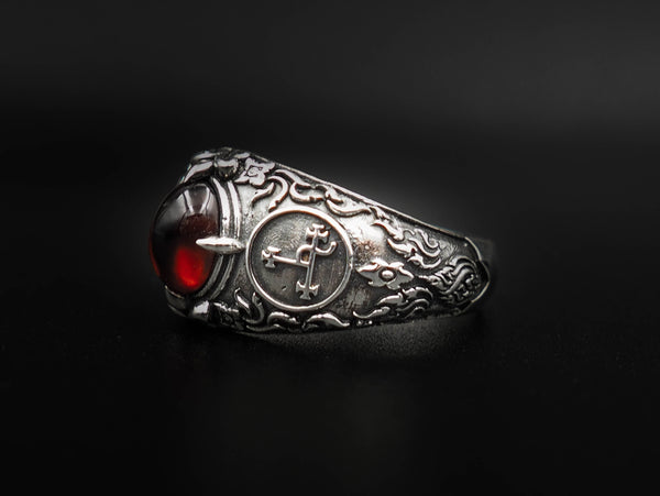Garnet Seal Sigil of Lilith Sigil of Lucifer Ring 925 Sterling Silver Jewelry Size 6-15