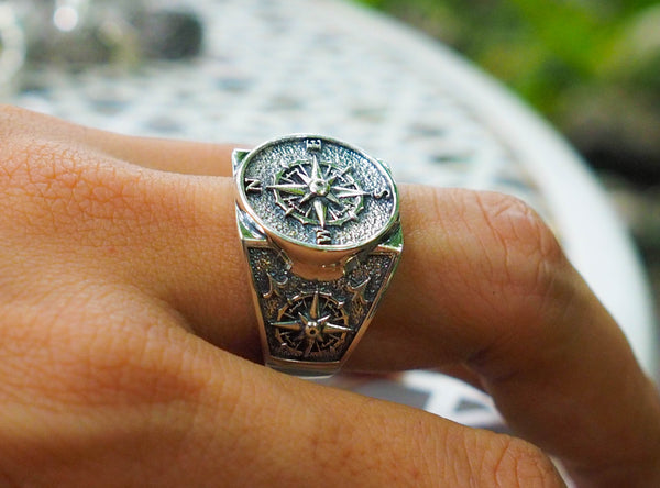 925 Sterling Silver Compass Ring Men Punk Jewelry Biker Band Ring Size 6-15