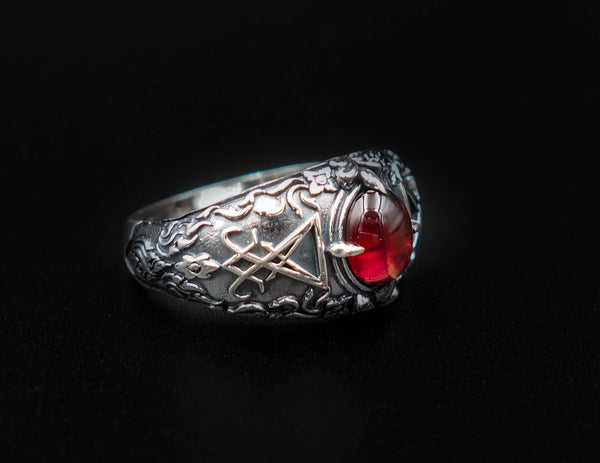 Men Sigil of Lucifer Seal of Satan Devil Demon Ring, Garnet Lucifer Ring 925 Sterling Silver Size 6-15