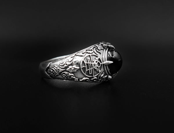 Onyx Key of Solomon Goetia Sigil Mens Ring, Solomon Ring 925 Sterling Silver Size 6-15