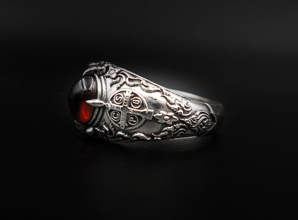 Garnet Men St Benedict Exorcism Demon Protection Ghost Hunter Ring 925 Sterling Silver Jewelry Size 6-15