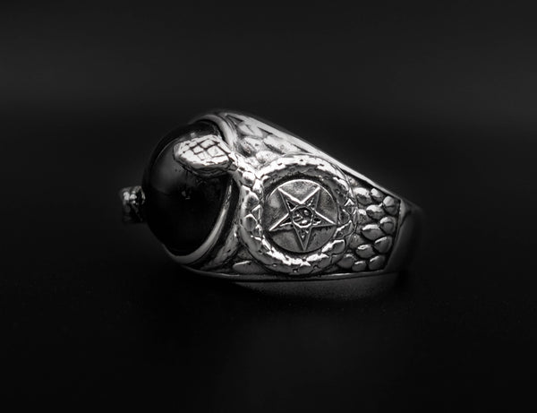 Onyx Church of Satan Sigil of Baphomet Ring, Onyx Snake Ring 925 Sterling Silver Size 6-15