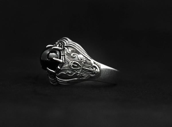 Egyptian Cross Ankh Ring, Men's Women's Onyx Ring 925 Sterling Silver Size 6-15