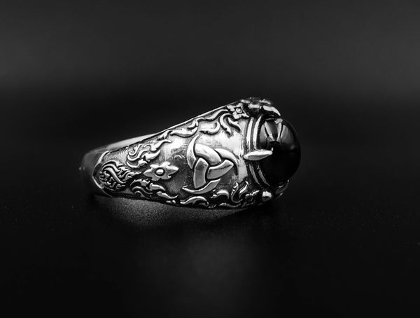 Onyx Odin's Horn Ring, Triple Horn of Odin Ring, Viking Ring, Scandinavian Ring, Black Onyx Unisex Ring 925 Sterling Silver Size 6-15