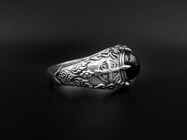 Onyx Men's St Benedict Exorcism Ring Cross Demon Protection Ring 925 Sterling Silver Size 6-15