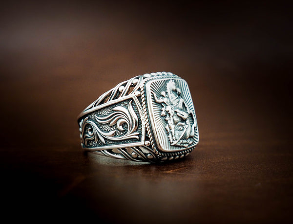 925 Sterling Silver The Saint George the Victorious Archangel Mens Ring Size 6-15