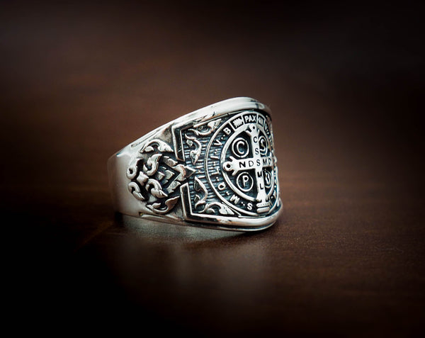 Men's St Benedict Exorcism Ring Cross Gift for Him 925 Sterling Silver Size 6-15