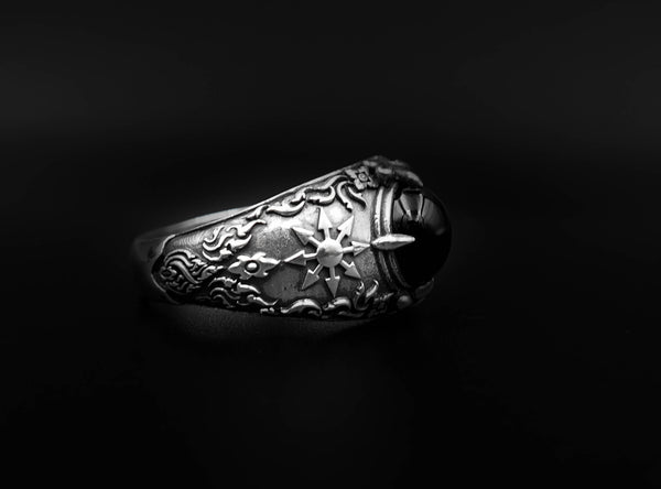 Onyx Chaotic Magic 8 Pointed Arrows Magick Chaos Star Ring 925 Sterling Silver Size 6-15