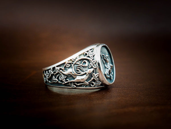 Saint Michael Ring, Saint Christopher Catholic Medal Great Protector Archangel Defeating Satan Figurine Amulet Rings for Men 925 Sterling Silver Size 6-15