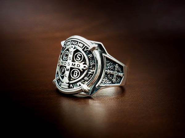 925 Sterling Silver St Benedict Exorcism Ring Demon Protection Size 6-15