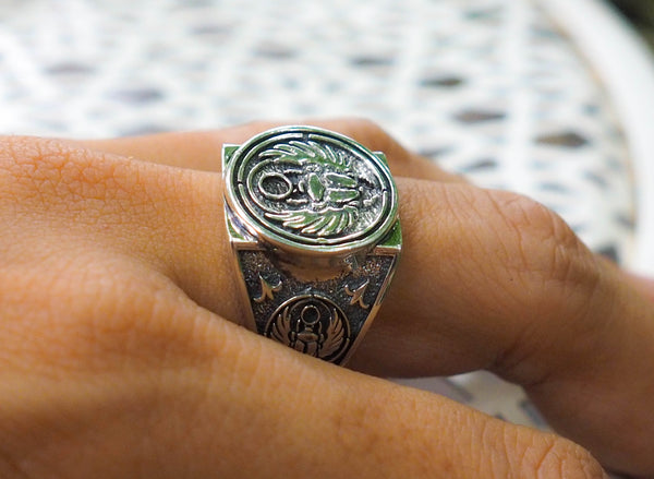 925 Sterling Silver Egyptian Scarab Beetle Ring Ancient Egypt Amulet Jewelry  Size 6-15