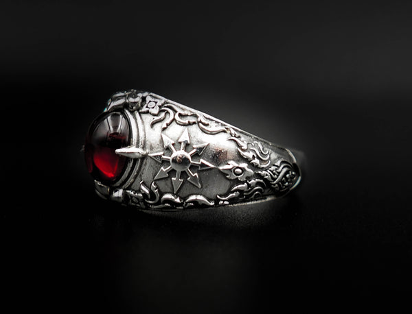 Garnet Chaos Magic 8 Pointed Star Mens Ring 925 Sterling Silver Jewelry Size 6-15