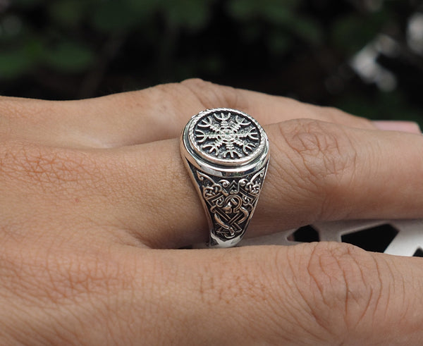 The Helm of Awe Ring, Aegishjalmur Ring, Norse Viking Jewelry 925 Sterling Silver Size 6-15