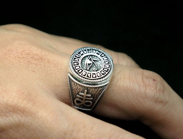 Men's Satanic Cross Egypt Eye of Horus Protection Ring 925 Sterling Silver Size 6-15