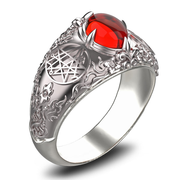 Garnet Seal Sigil of the Necronomicon Ring, Sigil of Cthulhu Gateway Ring for Women's and Men's Ring 925 Sterling Silver Size 6-15