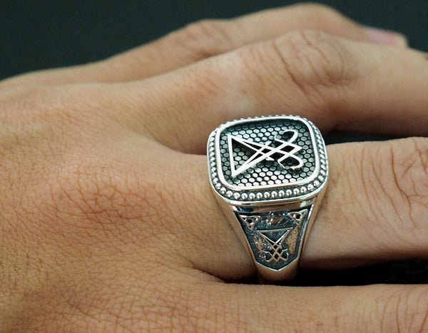 Men's Silver Sigil of Lucifer Ring, Devil Seal of Satan Ring 925 Sterling Silver Size 6-15