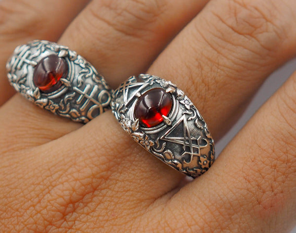 Men Sigil of Lucifer Seal of Satan Devil Demon Ring, Garnet Lucifer Ring 925 Sterling Silver Size 6-15
