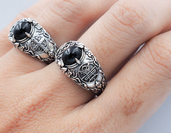 Onyx Key of Solomon Goetia Sigil Mens Ring, Solomon Ring 925 Sterling Silver Size 6-15