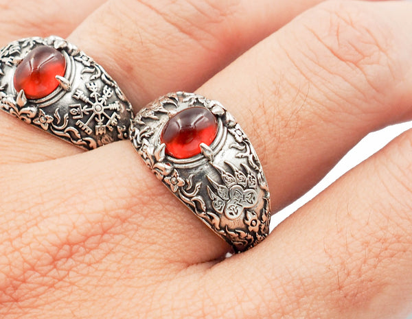 Garnet Viking Wolf Bear Paw Ring Onyx Viking Rings 925 Sterling Silver Jewelry Size 6-15