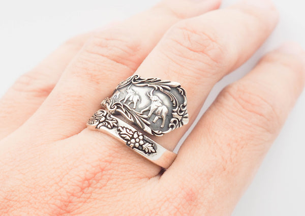 Adjustable Elephant Spoon Ring Vintage style for Mens Women 925 Sterling Silver Size 6-15