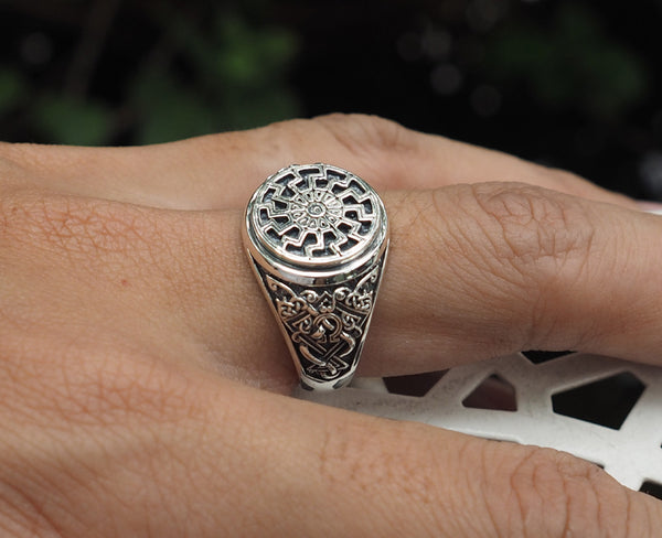 Black Sun Ring, Viking Ring Pagan Scandinavian Norse Viking Jewelry 925 Sterling Silver Size 6-15