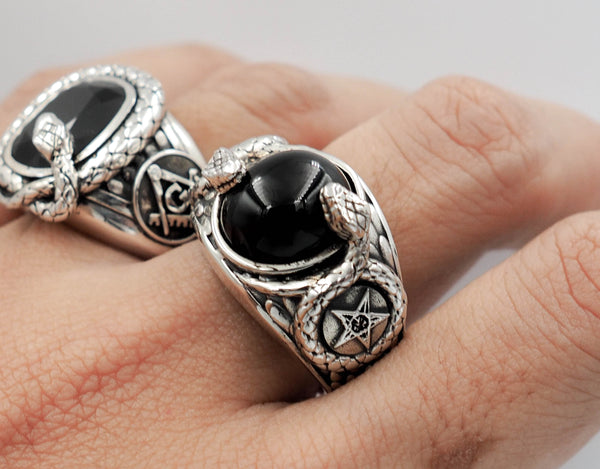 Onyx Church of Satan Sigil of Baphomet Ring, Onyx Snake Ring 925 Sterling Silver Size 6-15