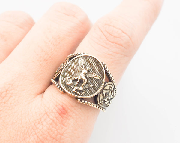 Saints Michael The Archangel Ring Amulet Protection Mens Womens Brass Jewelry Size 6-15 BR-100