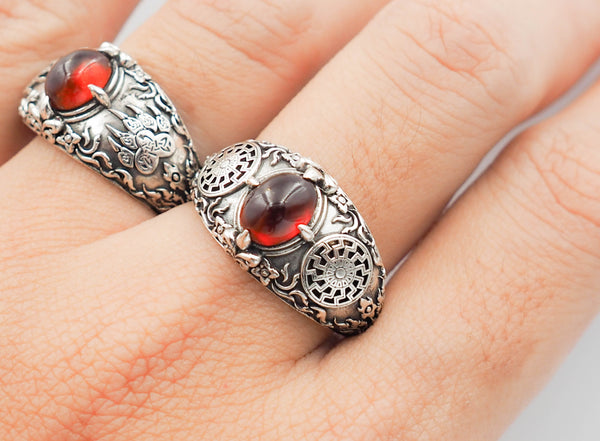 Garnet Black Sun Ring Viking Ring Black Sun Jewelry for Women's and Men's Ring 925 Sterling Silver Size 6-15