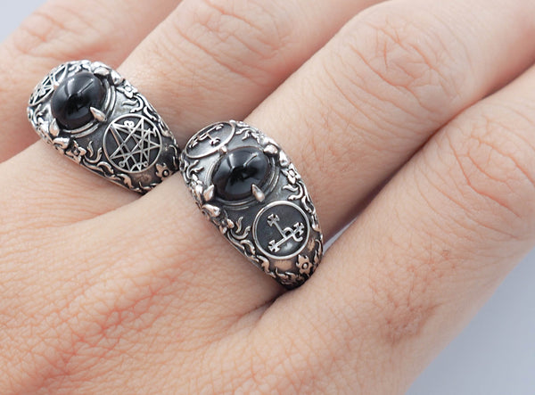 Onyx Seal Sigil of Lilith Ring, Lilith Sigil Ring, Black Onyx Unisex Ring 925 Sterling Silver Size 6-15