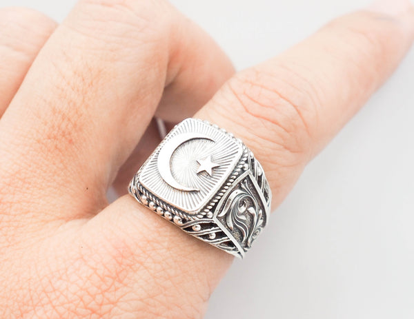 Islamic Crescent Ring, Moon and Star Signet Rings Gift for Him 925 Sterling Silver Size 6-15