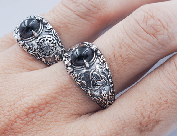 Onyx Odin's Horn Ring, Triple Horn of Odin Ring, Viking Ring, Scandinavian Ring, Black Onyx Unisex Ring 925 Sterling Silver Size 6-15