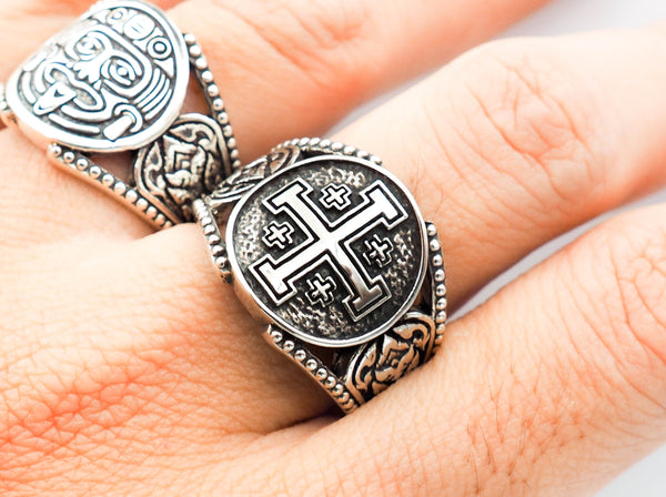 Crusader Jerusalem Cross Knight Templar Ring 925 Sterling Silver Size 6-15