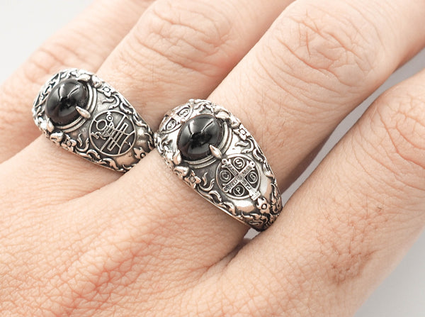 Onyx Men's St Benedict Exorcism Ring Cross Demon Protection Ring 925 Sterling Silver Size 6-15