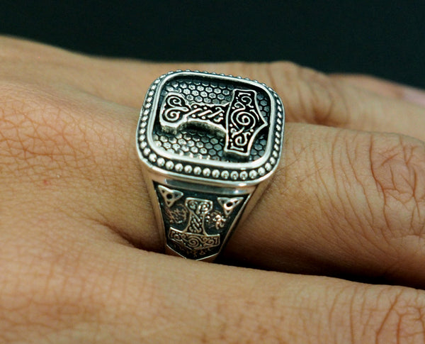Thor's Hammer Mjolnir Ring Norse Scandinavian Viking Jewelry 925 Sterling Silver Size 6-15