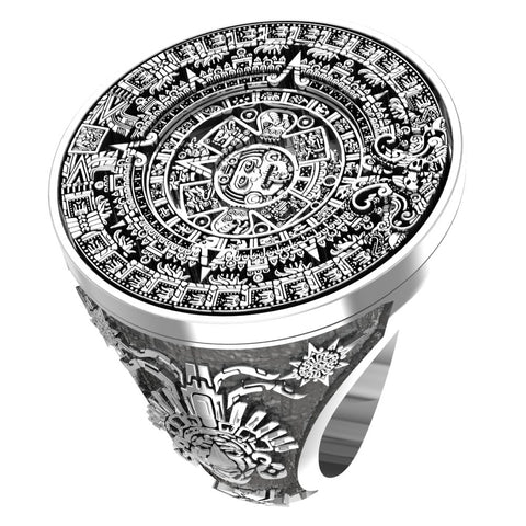 Mayan Ring, Silver Ring, Patterned Ring, Hand made, Mayan Calender Ring, 925 Sterling Silver Ring All Size Style Heavy Biker (R-13)