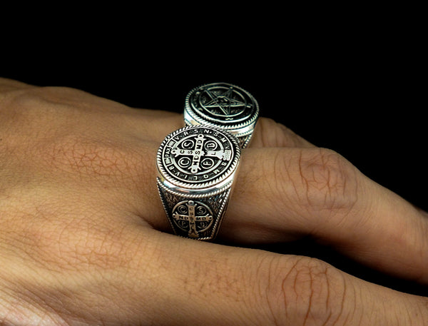 Men's St Benedict Exorcism Ring Cross Demon Protection Ring 925 Sterling Silver Size 6-15