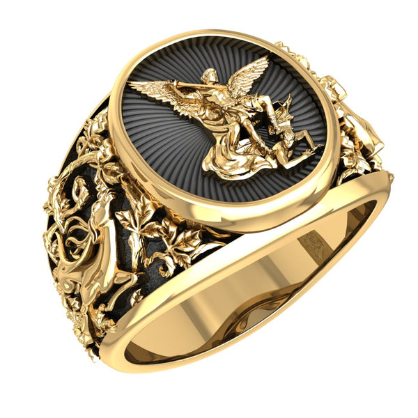 Saint Michael Ring Catholic Medal Great Protector Archangel Defeating Satan Amulet Brass Jewelry Size 6-15 BR-99