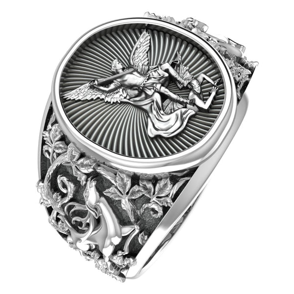 Saint Michael Ring, Saint Christopher Catholic Medal Great Protector Archangel Defeating Satan Figurine Amulet Rings for Men 925 Sterling Silver Size 6-15