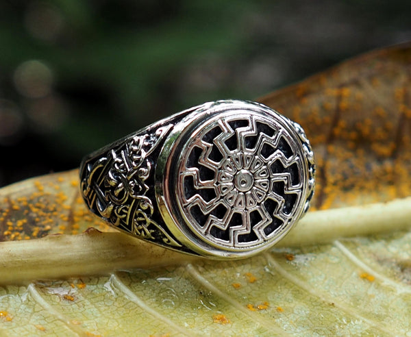 Black Sun Ring, Viking Ring Pagan Scandinavian Norse Viking Jewelry 925 Sterling Silver Size 6-15