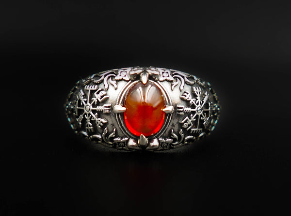 Garnet Vegvisir Ring, Viking Vegvisir Compass Norse Ring 925 Sterling Silver Jewelry Size 6-15
